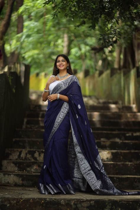 navy blue silver border saree